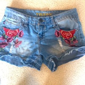 Girls Blue Jean Shorts with Rose Patches